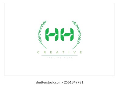 HH letters eco logo with leaf. Fresh nature and healthy leaf logo design.