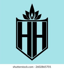 HH Logo featuring a minimalist design with a crown-like flower symbol on top, bold black elements, and a soft blue background, perfect for branding and modern visual identity.