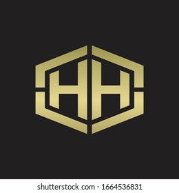 HH Logo monogram with hexagon shape and piece line rounded design tamplate on gold colors