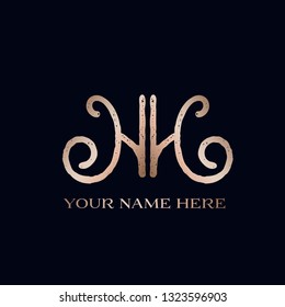 H&H monogram logo.Typographic icon with uppercase decorative letter H.Lettering sign in metallic rose gold color isolated on dark background.