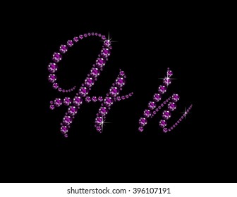 Hh in stunning Amethyst Script precious round jewels, isolated on black. Vector EPS-10 file, transparency used. 