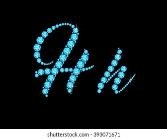 Hh in stunning Aquamarine Script precious round jewels, isolated on black. Vector EPS-10 file, transparency used. 