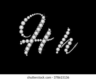Hh in stunning Diamond Script precious round jewels, isolated on black. Vector EPS-10 file, transparency used. 