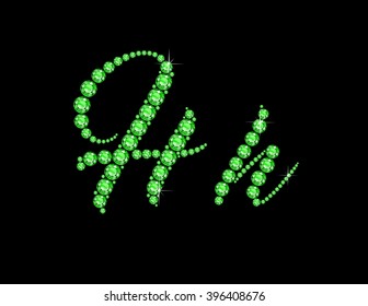 Hh in stunning Peridot Script precious round jewels, isolated on black. Vector EPS-10 file, transparency used. 