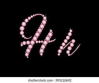 Hh in stunning Rose Quartz Script precious round jewels, isolated on black. Vector EPS-10 file, transparency used. 