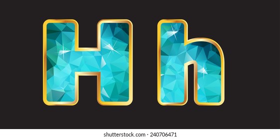 Hh in this series of letters made from 2 channels of gradient gold and a multi-layered teal aquamarine sparkling faceted interior. Vector EPS-10 file, transparency used. 