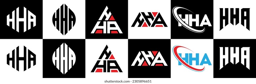 HHA letter logo design in six style. HHA polygon, circle, triangle, hexagon, flat and simple style with black and white color variation letter logo set in one artboard. HHA minimalist and classic logo