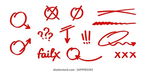 Conjunto de marcas de examen rojas dibujadas a mano. Marcas de verificación, marcas cruzadas y símbolos de clasificación. Elementos sencillos de Vector para el Comentarios educativo y el diseño de evaluación. Óvalo, círculo con flechas.