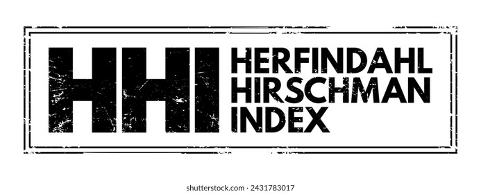HHI - Herfindahl-Hirschman Index is a common measure of market concentration and is used to determine market competitiveness, acronym business concept stamp