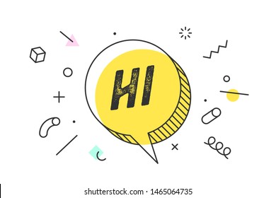 OI. Banner, balão de fala, poster e autocolante conceito, estilo memphis geométrica com texto Hi. Balão de ícone com mensagem de citação hi ou hello para banner, poster. Design de explosão. Ilustração de vetor