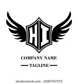 HI A bold winged shield emblem with customizable initials A-Z. Sleek black-and-white vector, perfect for branding, sports teams, motorcycle clubs, gaming,apparel and High-quality
