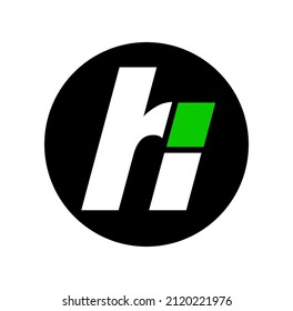 Monograma de letras iniciales de marca HI. Icono de nombre de empresa HI con punto verde.