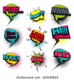 Hi, bye, kiss set colored comic text sound effects pop art style. Collection vector bubble icon speech phrase, cartoon exclusive font burst, sounds illustration background. Halftone dot backdrop