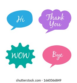 Hi Bye Wow thank you, Speech bubbles with dialog words Vector bubbles speech illustration pink  Thinking and speaking clouds