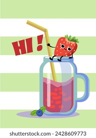Hi, cute cartoon illustration with strawberry smoothie, milkshake.