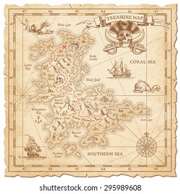 A Hi detail, grunge Vector "Treasure Map" with lots of decoration hand drawn with incredible details.