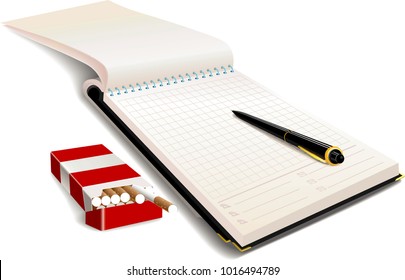 Hi detailed isolated notebook with pen and a pack of cigarettes