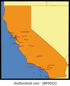 hi detailed vector map of california, usa with biggest cities