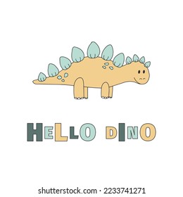 Hi Dino poster. Cute dinosaur for children, postcard, sticker.