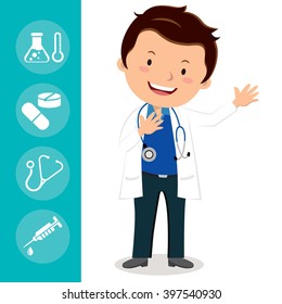 Hi doctor. Vector illustration of a cheerful doctor gesturing with medical icons.