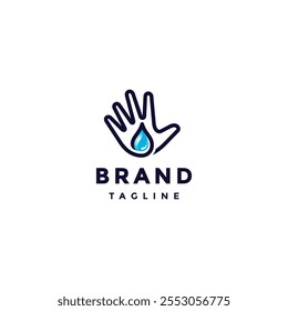 Hi Five Blue Waters Logo Design. Open Hand Gesture With Blue Water Drop Icon Logo Design.
