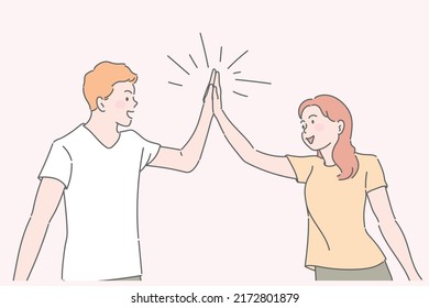 Hi Five, Cheerful Lady And Handsome Guy Couple Clapping Arms. Hand Drawn In Thin Line Style, Vector Illustration.