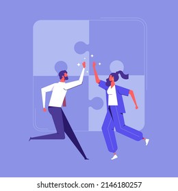 Hi Five Or Congratulation On Business Goal Achievement, Businessman And Woman Teamwork Coworkers Giving High-five, Success And Cooperation Vector Concept