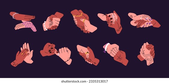 Hi gestures set. Two friends hands greeting together, welcoming with handshake, fist bump, punch, palm clap, touch. Different hello types, manners. Isolated flat graphic vector illustrations