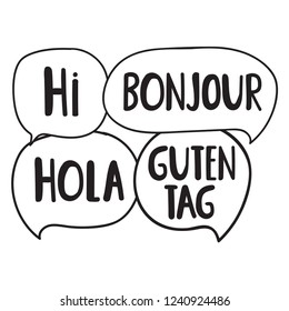 Hi, guten tag, bonjour, hola. Social network or bilingual translation concept. Vector business lettering illustration on white background.