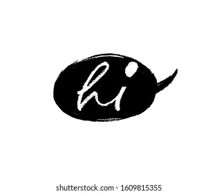 Hi hand drawn modern calligraphy word. Quote speech bubble. Vector black lettering isolated on white background. Calligraphic word hello handwritten with pen, brush or pencil. Ink illustration