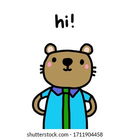 Hi hand drawn vector illustration in cartoon comic style cute bear dressed lettering