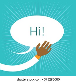 Hi - Hand sign design on sunburst background. Hand vector illustration with speech bubble label frame, Hi text. Blue starburst background. Hand in white costume sleeve. Palm hold sign. Design element.