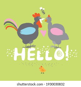 Hi! Happy Easter! Vector illustration. Chicken and cockerel. Delicate pastel colors. Perfect for postcards, posters, Easter holiday decoration design.