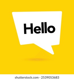 Hi, hello icon. Speech bubble, poster and sticker concept with tex, funny sign. White bubble message on bright yellow background. Vector illustration isolated design. EPS 10.