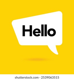 Hi, hello icon. Speech bubble, poster and sticker concept with tex, funny sign. White bubble message on bright yellow background. Vector illustration isolated design. EPS 10.