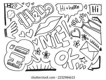 Hi, hello, nice, ok in Doodle sketch. Hand drawn vector stock illustration.