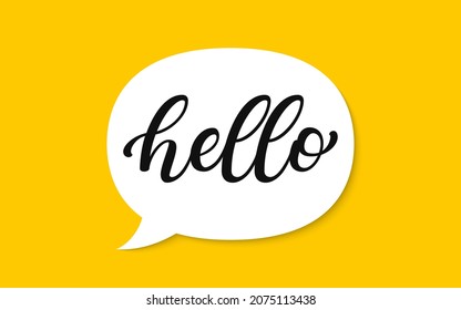 Hola, hola, burbuja del discurso. Una burbuja de habla con la inscripción manuscrita "Hola" aislada en el fondo amarillo. Diseño de banderas brillantes para vectores