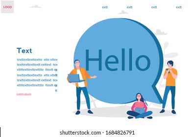 Hi, Hello, speech bubble with happy man and woman, students. Vector illustration for web banner, infographics, mobile White bubble message hi, hello or hi there