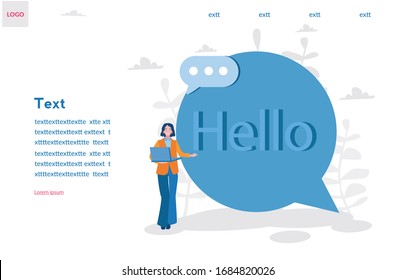 Hi, Hello woman say, speech bubble with happy businesswoman. Vector illustration for web banner, infographics, mobile White bubble message hi, hello or hi there