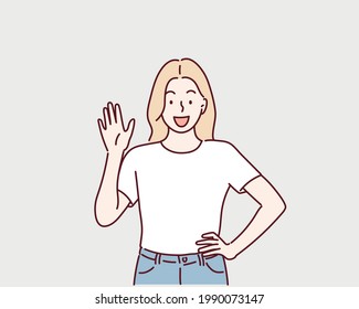 Hi, Hello, Woman Waving Hand, Welcome. Hand drawn style vector design illustrations.