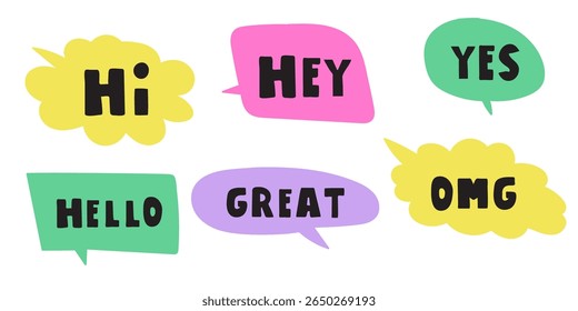 Oi, oi, sim, olá, mog, ótimo. Bolhas de fala coloridas. Melhor para adesivos. Elementos isolados desenhados à mão. Ilustrações de vetor planas.  