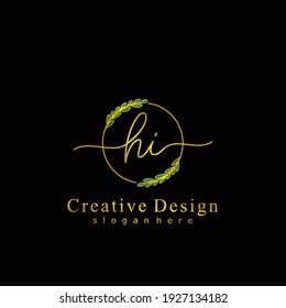 HI Initial calligraphy handwritten logo. Handwritten alphabet in the logo template. Letters and Alphabet for signature, wedding, fashion, floral and botanical logo design 