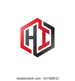 HI initial letters looping linked hexagon logo black red