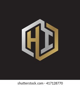 HI initial letters looping linked hexagon elegant logo golden silver black background