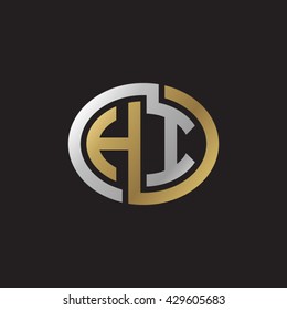 HI initial letters looping linked ellipse elegant logo golden silver black background