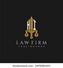 HI initial monogram for lawfirm logo with sword and scale