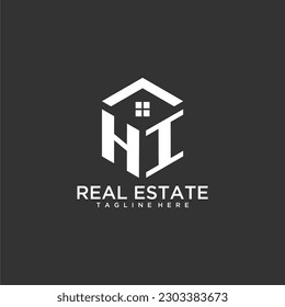 Logotipo de monograma inicial HI para inmobiliaria con forma de polígono diseño creativo