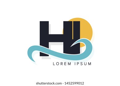 HI letter logo with ocean waves and sunset. Beach concept design