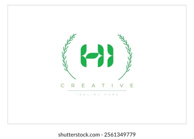 HI letters eco logo with leaf. Fresh nature and healthy leaf logo design.