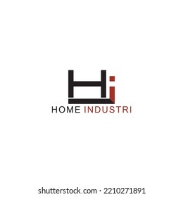 HI logo with a minimalist retro concept and in black and red colors and the words "HOME INDUSTRI" under the logo